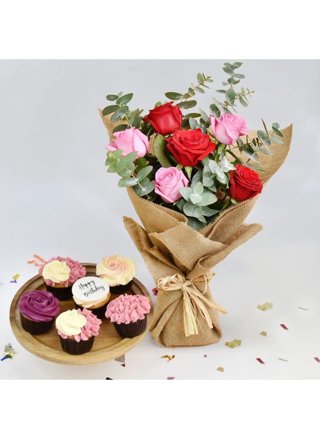 Yummy Cupcakes With Red And Pink Fresh Roses