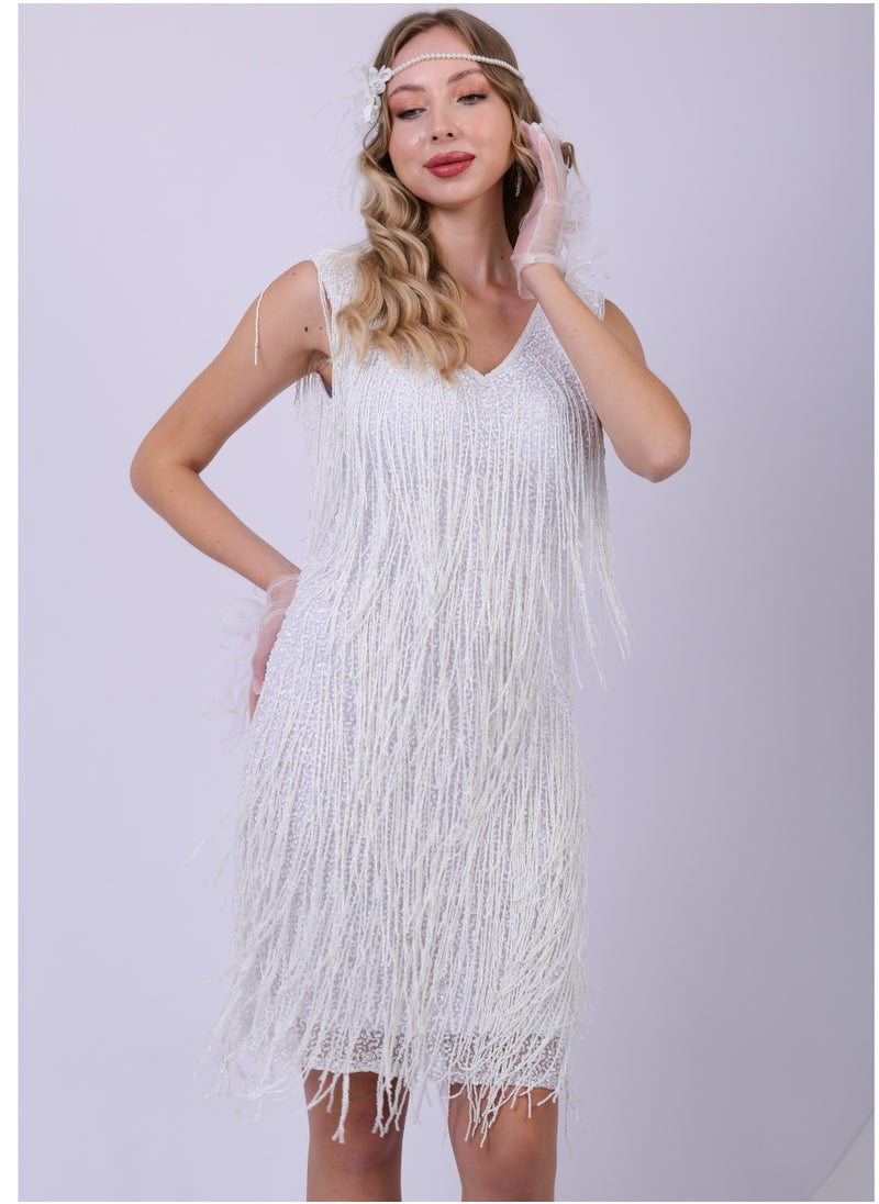 White Glamour Fringe Sequin Party Dress