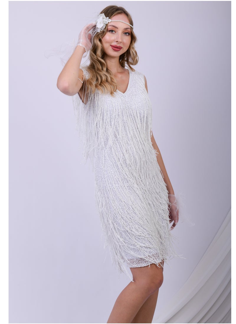White Glamour Fringe Sequin Party Dress
