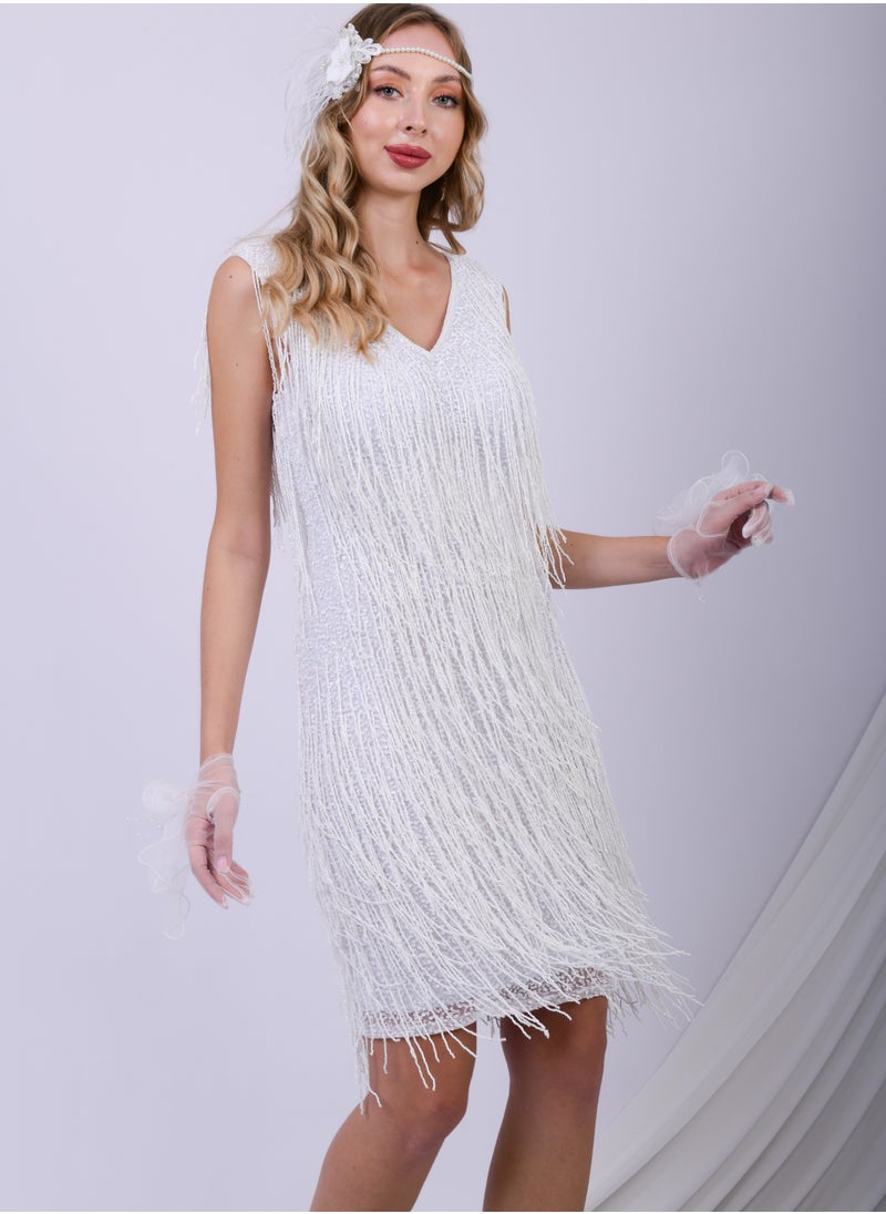 White Glamour Fringe Sequin Party Dress