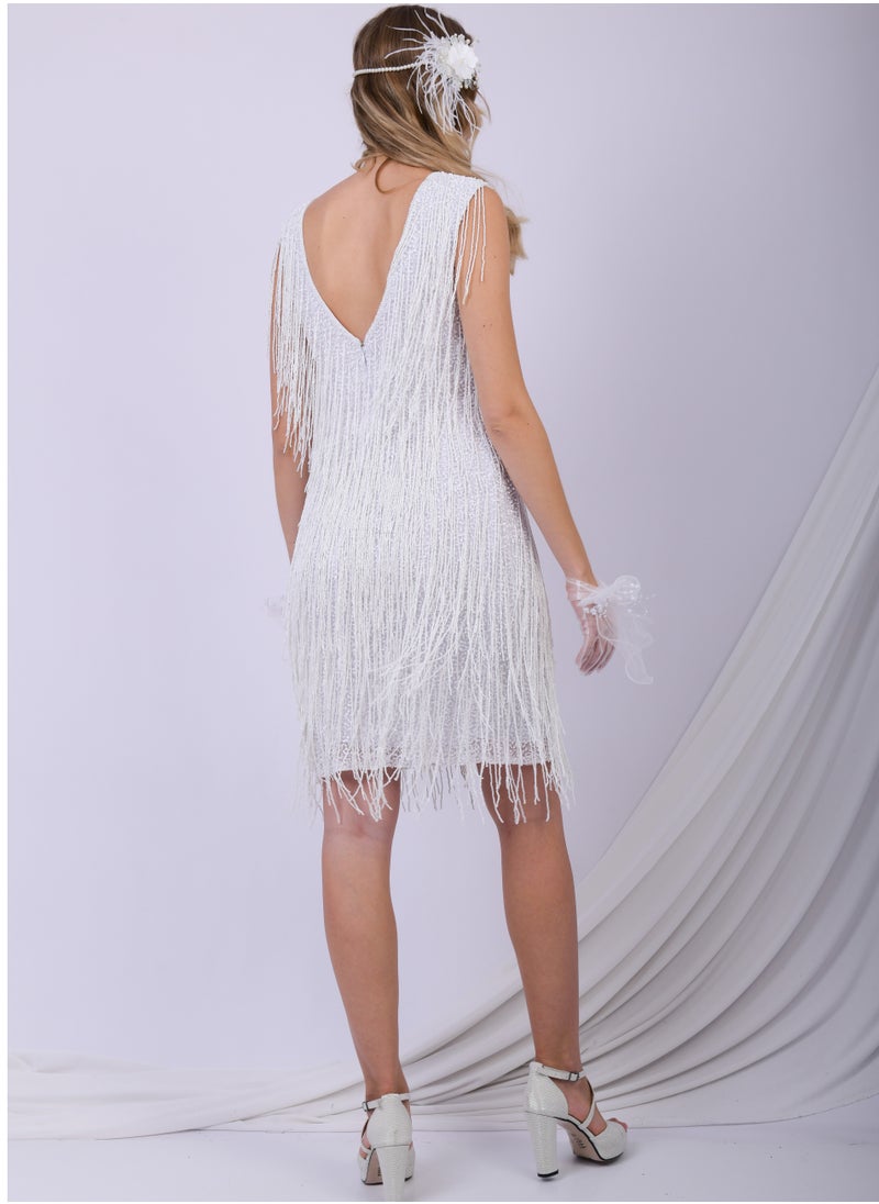 White Glamour Fringe Sequin Party Dress
