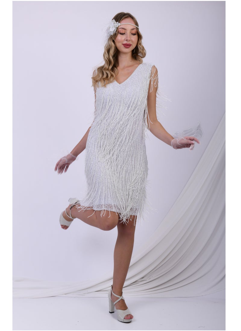 White Glamour Fringe Sequin Party Dress