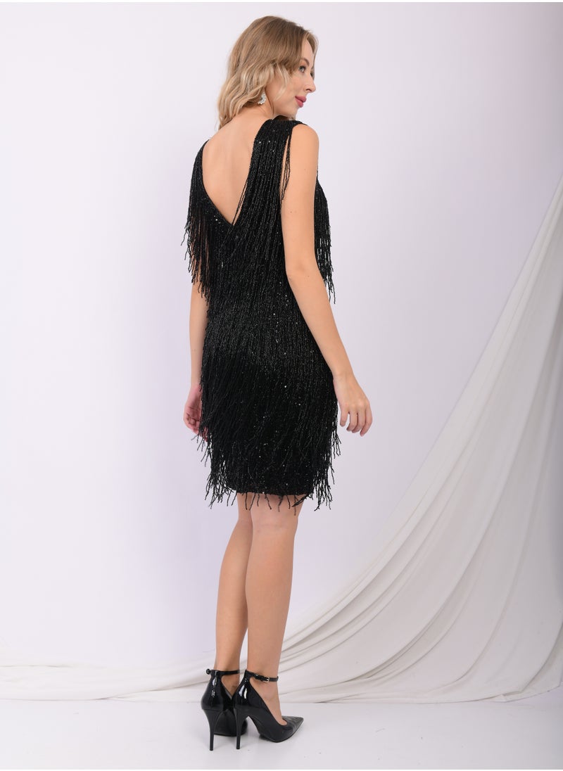 Black Glamour Fringe Sequin Party Dress