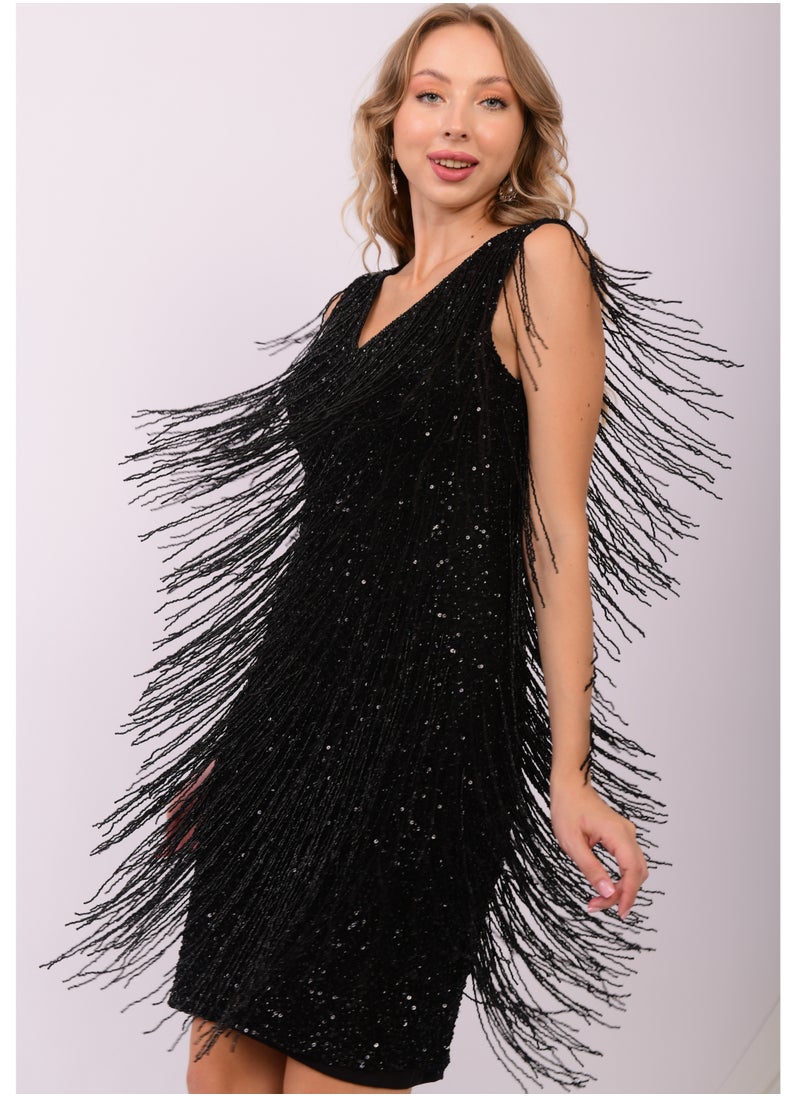Black Glamour Fringe Sequin Party Dress