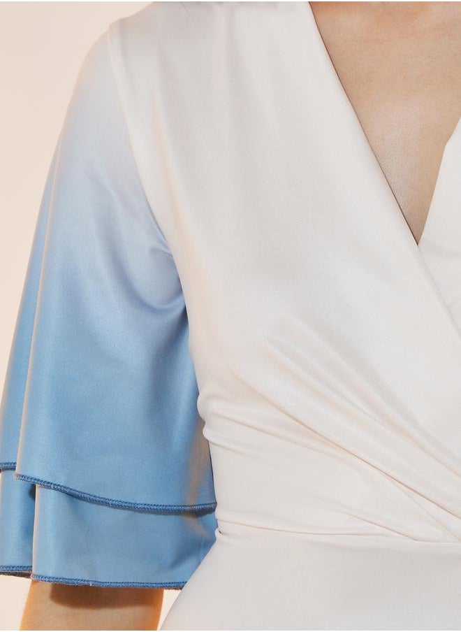 Ombre Look Frill Sleeves Wrap Front Maxi Dress
