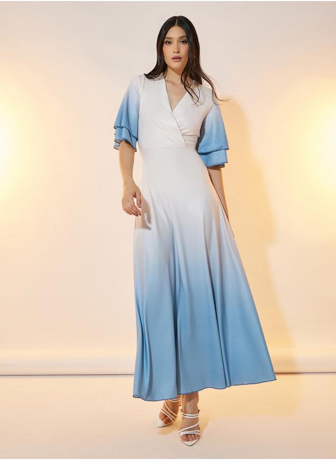 Ombre Look Frill Sleeves Wrap Front Maxi Dress
