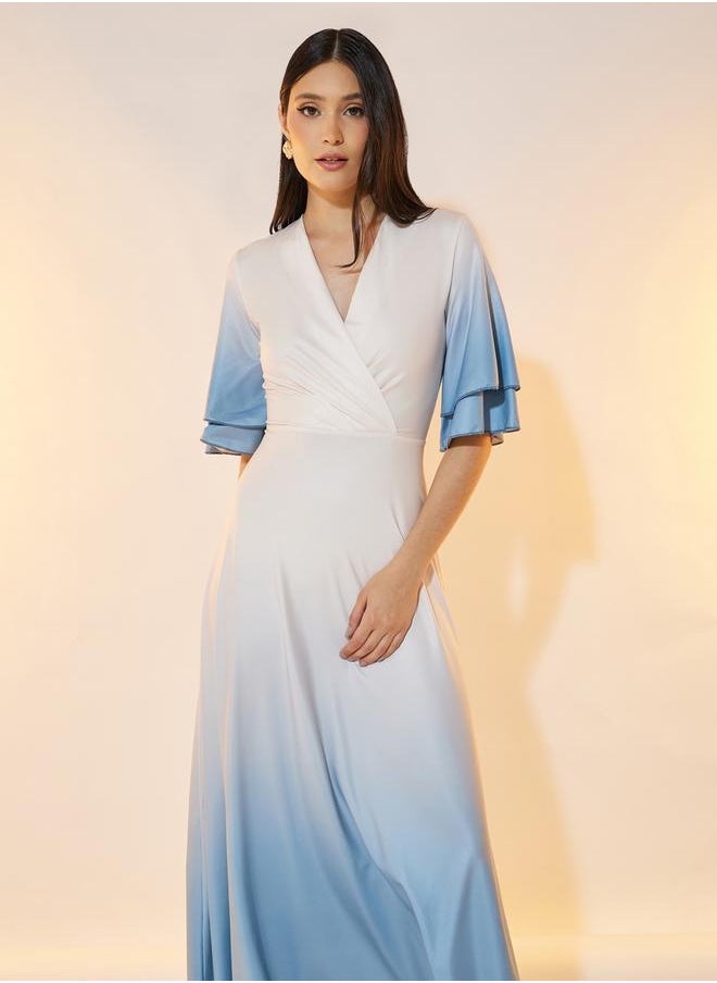 Ombre Look Frill Sleeves Wrap Front Maxi Dress