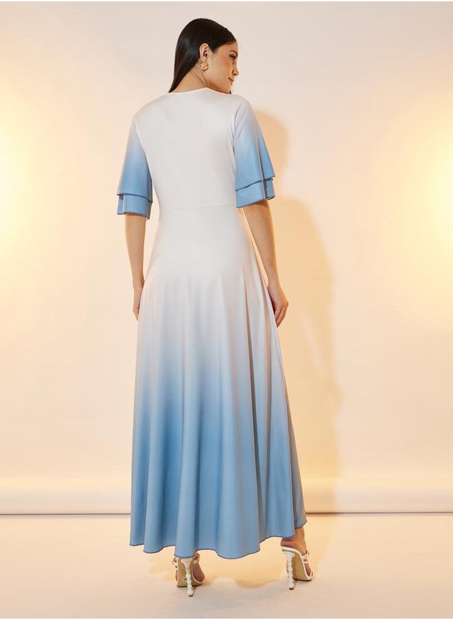 Ombre Look Frill Sleeves Wrap Front Maxi Dress