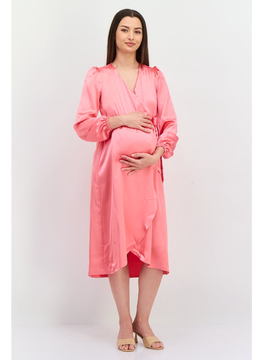 Maternity Plain Satin Long Sleeve Midi Dress, Pink