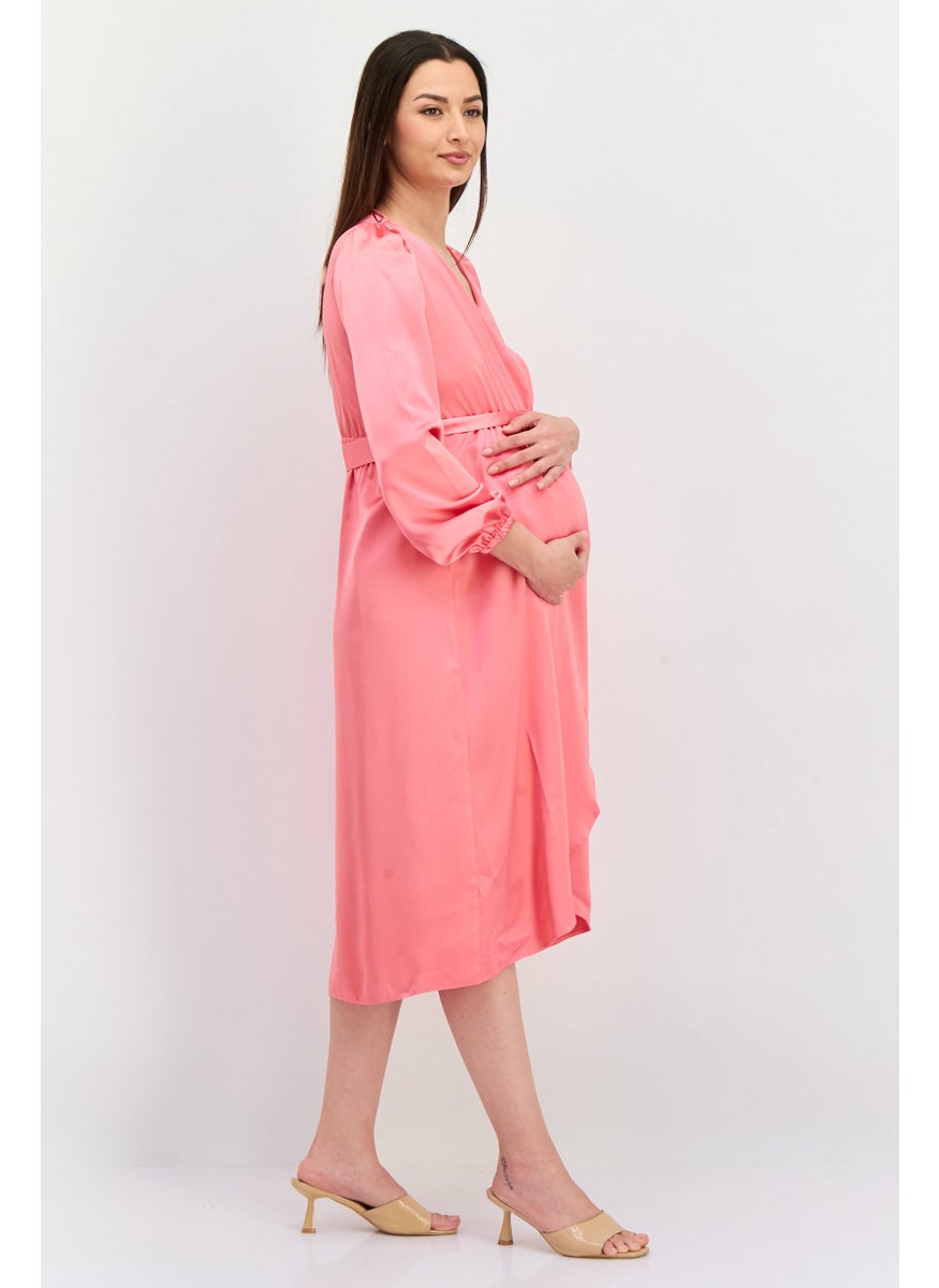 Maternity Plain Satin Long Sleeve Midi Dress, Pink