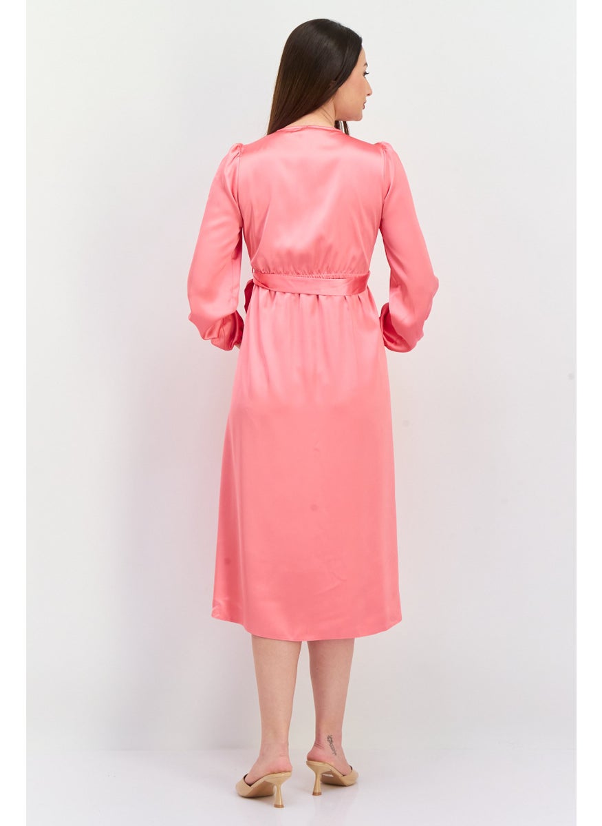 Maternity Plain Satin Long Sleeve Midi Dress, Pink