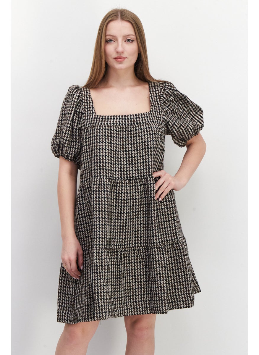 Women Hounds Tooth Pattern Midi Dress, Brown Combo