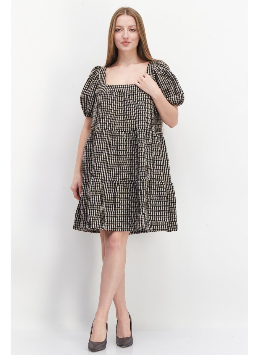 Women Hounds Tooth Pattern Midi Dress, Brown Combo
