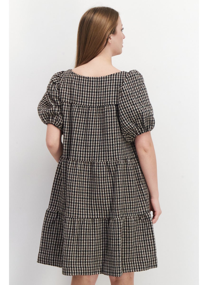 Women Hounds Tooth Pattern Midi Dress, Brown Combo