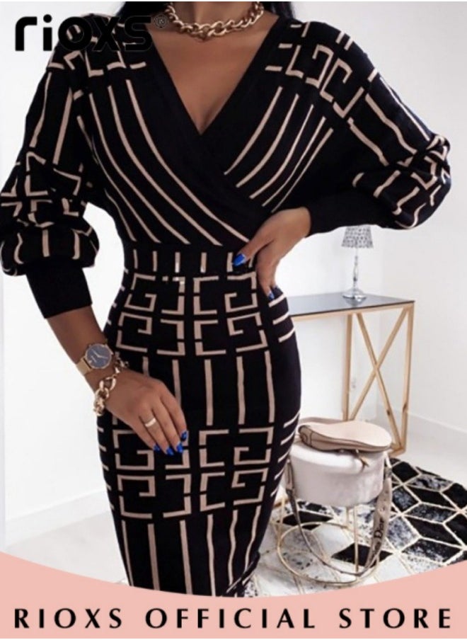 Women's Elegant High Waist Dress, V-neck Knitted Jumper Dress with Knee Length, Warm Slim Fit Pullover Dress, Stylish Exquisite Evening Prom Dress, Perfect for Both Casual and Formal Occasions