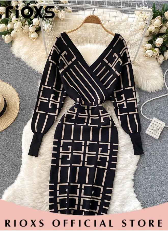 Women's Elegant High Waist Dress, V-neck Knitted Jumper Dress with Knee Length, Warm Slim Fit Pullover Dress, Stylish Exquisite Evening Prom Dress, Perfect for Both Casual and Formal Occasions