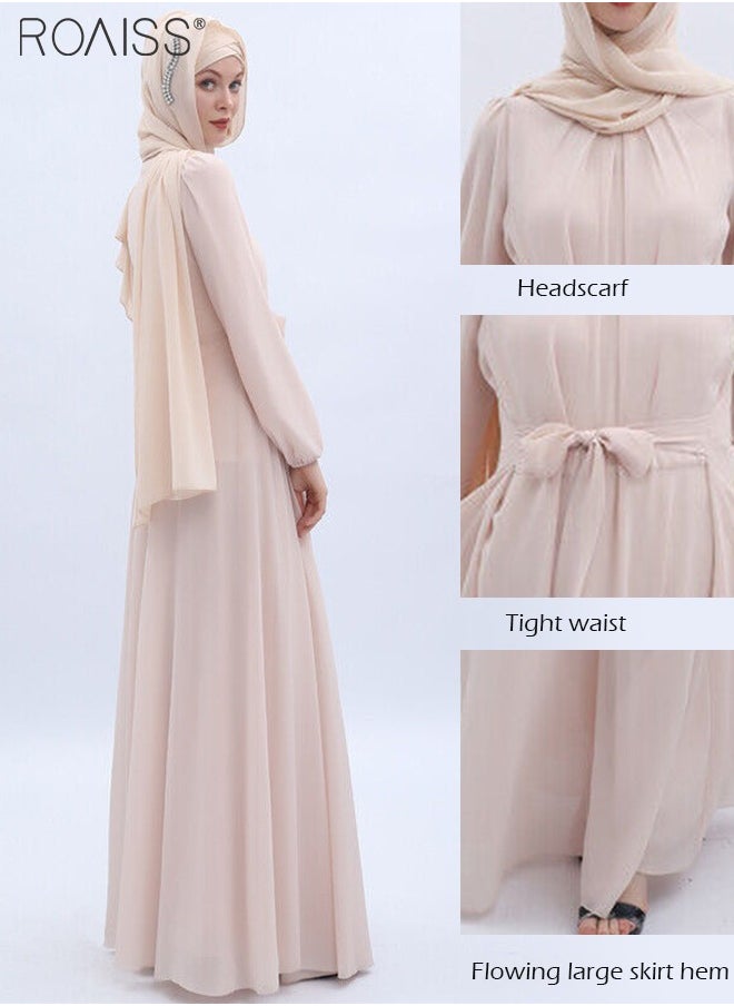 Fashionable Muslim Chiffon Crew Neck  Dress Women'S Daily Commuting Solid Color  High-Rise Long Sleeve Belt Tightening Large Skirt Dress Robe for Ladies Elegant Temperament Casual Outfit