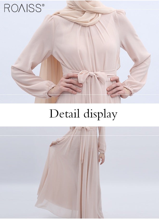 Fashionable Muslim Chiffon Crew Neck  Dress Women'S Daily Commuting Solid Color  High-Rise Long Sleeve Belt Tightening Large Skirt Dress Robe for Ladies Elegant Temperament Casual Outfit
