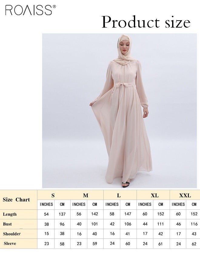 Fashionable Muslim Chiffon Crew Neck  Dress Women'S Daily Commuting Solid Color  High-Rise Long Sleeve Belt Tightening Large Skirt Dress Robe for Ladies Elegant Temperament Casual Outfit