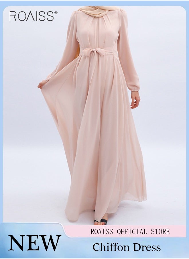 Fashionable Muslim Chiffon Crew Neck  Dress Women'S Daily Commuting Solid Color  High-Rise Long Sleeve Belt Tightening Large Skirt Dress Robe for Ladies Elegant Temperament Casual Outfit
