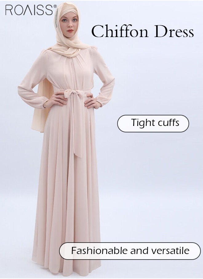 Fashionable Muslim Chiffon Crew Neck  Dress Women'S Daily Commuting Solid Color  High-Rise Long Sleeve Belt Tightening Large Skirt Dress Robe for Ladies Elegant Temperament Casual Outfit