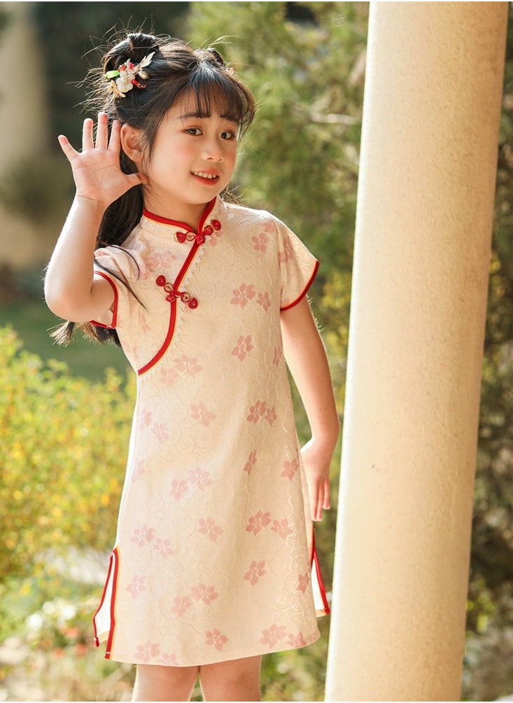 girl printed Chinese style cheongsam lace short sleeve dress