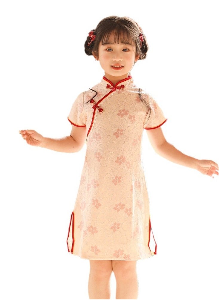 girl printed Chinese style cheongsam lace short sleeve dress