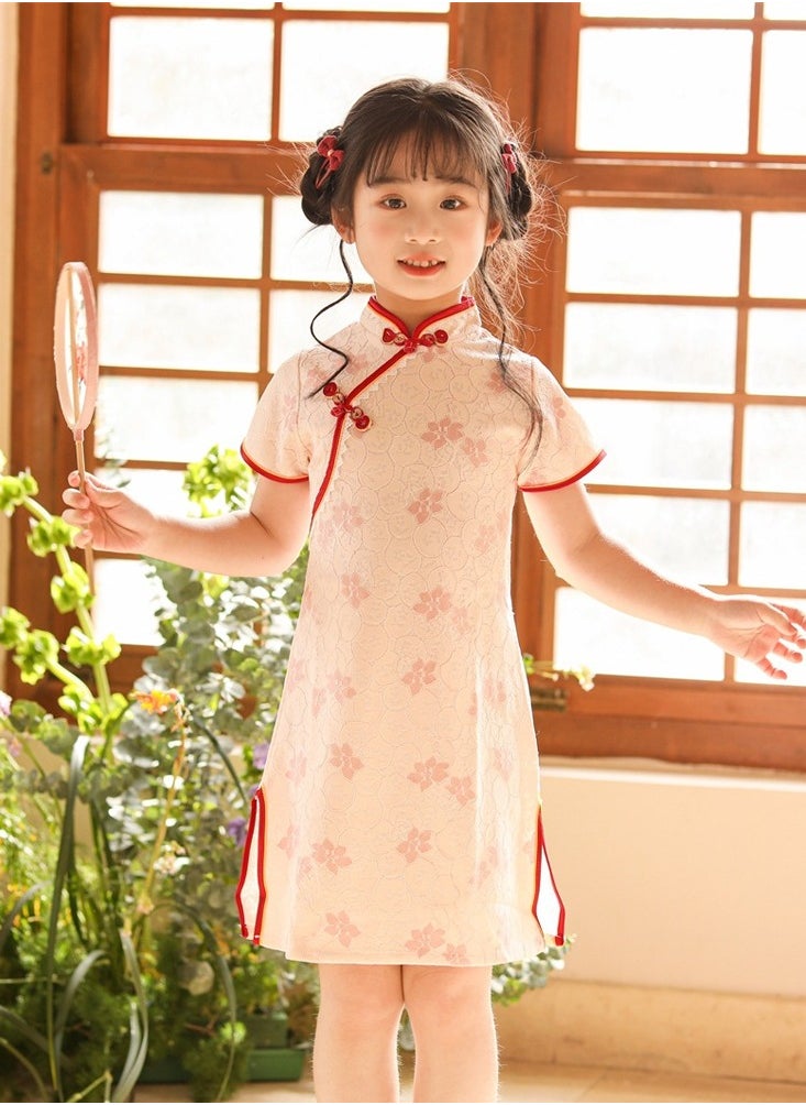 girl printed Chinese style cheongsam lace short sleeve dress