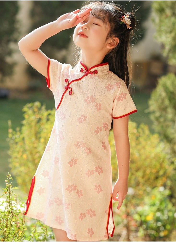 girl printed Chinese style cheongsam lace short sleeve dress
