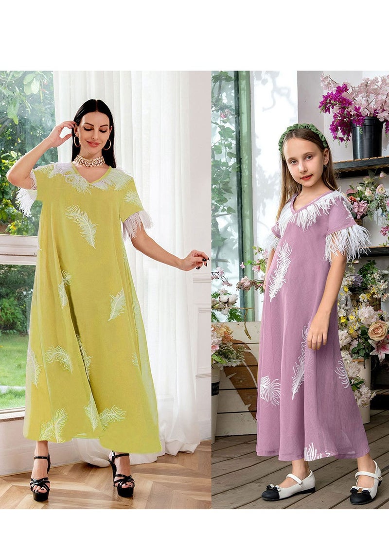 Feather patchwork dress, princess style mother-daughter outfit