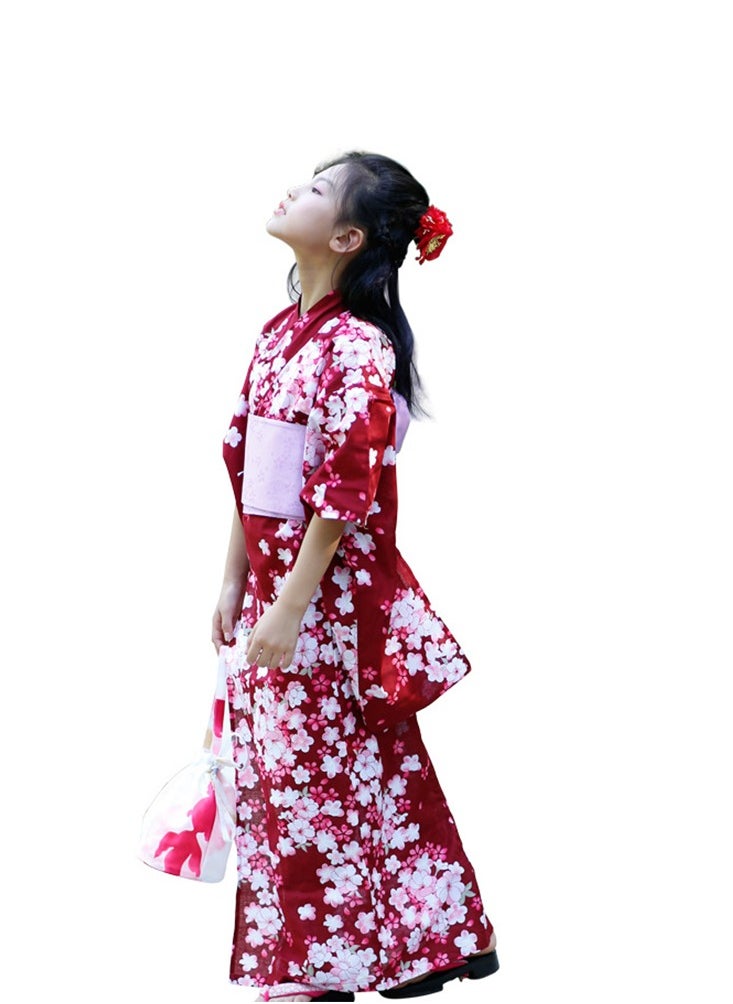 Children Girls Red Japanese Kimono Bathrobe Gown Print Flower Performance Clothing Yukata Soft Cosplay Costume…