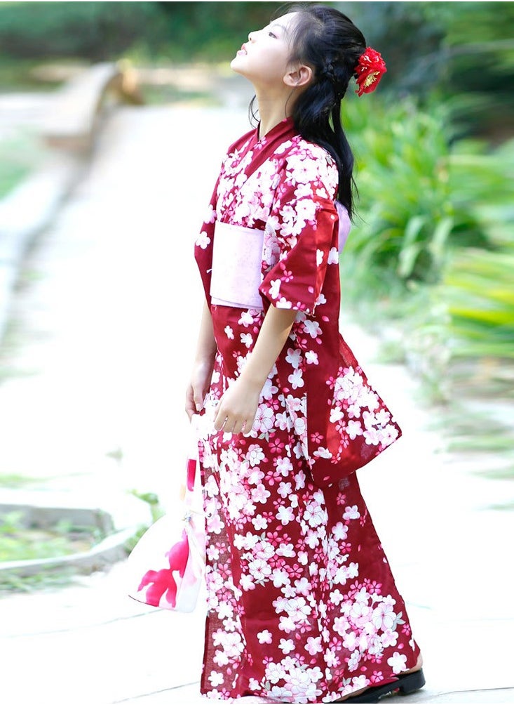 Children Girls Red Japanese Kimono Bathrobe Gown Print Flower Performance Clothing Yukata Soft Cosplay Costume…