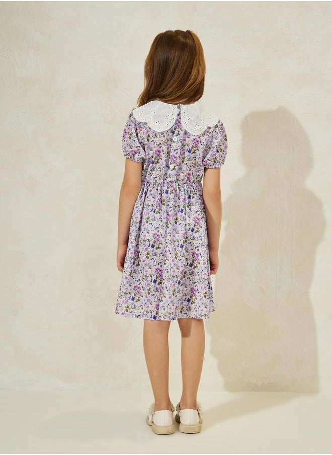 Floral Print Schiffli Collar Dress