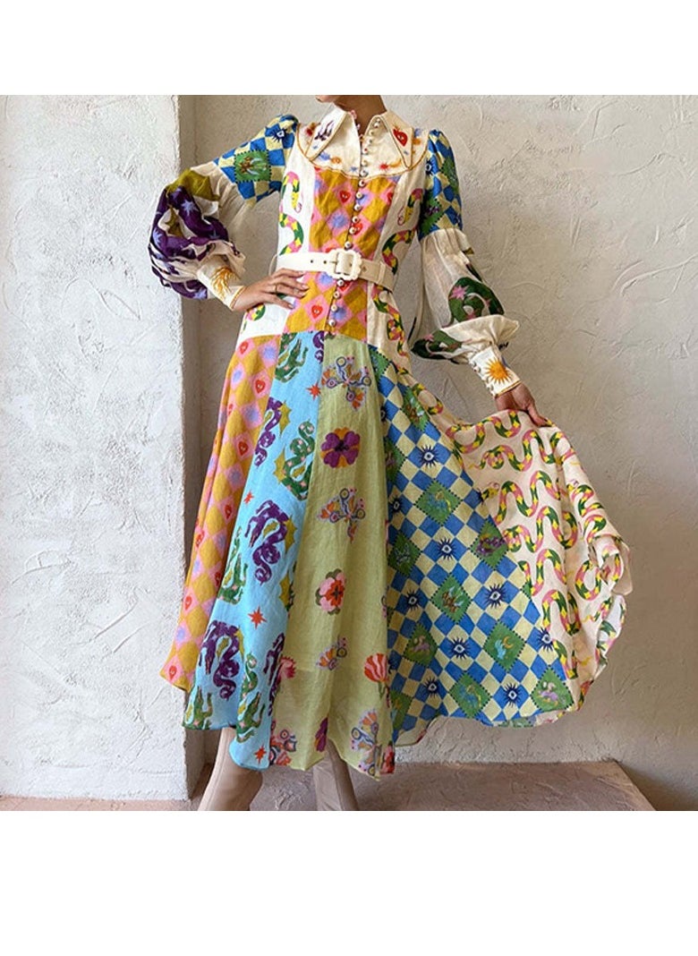 Temperament lantern sleeve printed long lapel waist long sleeve dress