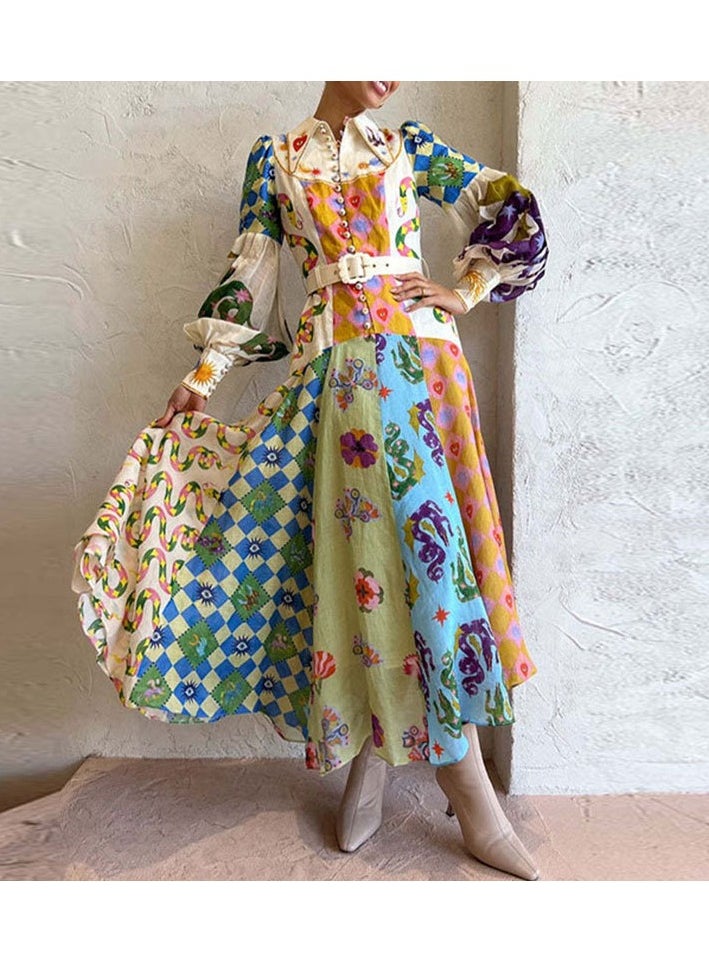 Temperament lantern sleeve printed long lapel waist long sleeve dress