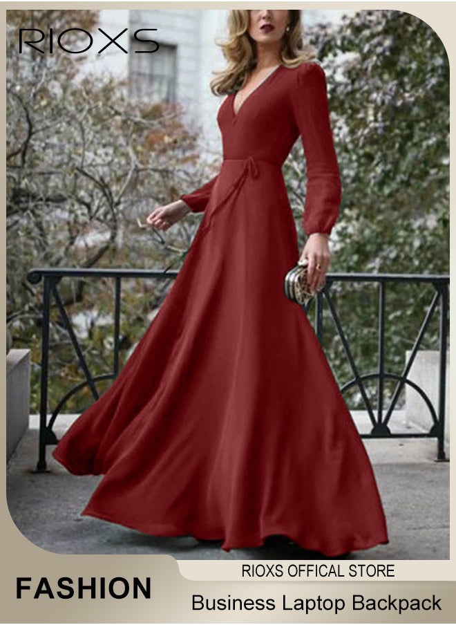 Women's Dresses, Elegant High Waist Maxi Dress For Women, V-neck Long-sleeved Dress, Ruched Wrap Long Dress With Back Zipper And Belt, Ladies Stylish Exquisite Evening Prom Dresses, Womens Party Dress For Casual/ Formal Occasions-Burgundy Dresses
