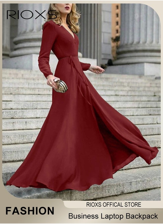 Women's Dresses, Elegant High Waist Maxi Dress For Women, V-neck Long-sleeved Dress, Ruched Wrap Long Dress With Back Zipper And Belt, Ladies Stylish Exquisite Evening Prom Dresses, Womens Party Dress For Casual/ Formal Occasions-Burgundy Dresses