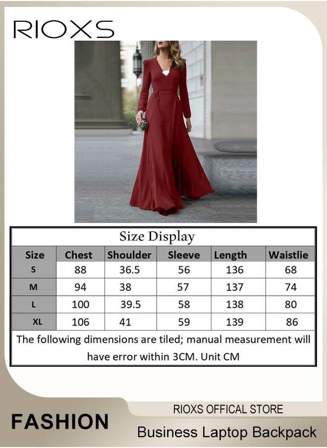 Women's Dresses, Elegant High Waist Maxi Dress For Women, V-neck Long-sleeved Dress, Ruched Wrap Long Dress With Back Zipper And Belt, Ladies Stylish Exquisite Evening Prom Dresses, Womens Party Dress For Casual/ Formal Occasions-Burgundy Dresses