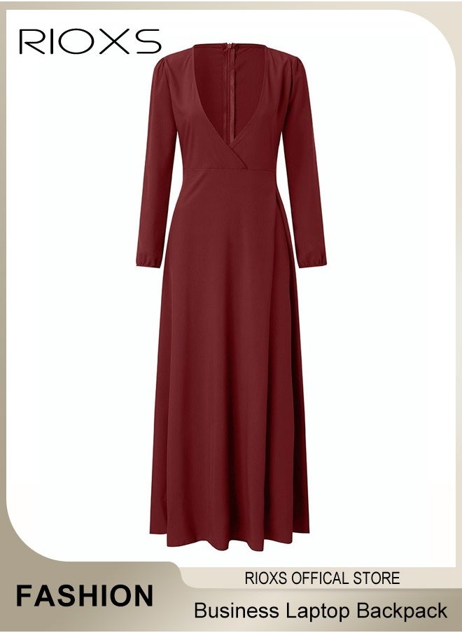 Women's Dresses, Elegant High Waist Maxi Dress For Women, V-neck Long-sleeved Dress, Ruched Wrap Long Dress With Back Zipper And Belt, Ladies Stylish Exquisite Evening Prom Dresses, Womens Party Dress For Casual/ Formal Occasions-Burgundy Dresses
