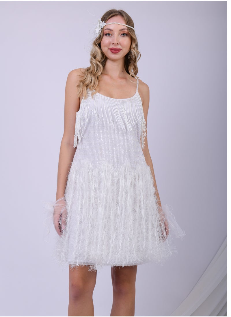 Glitz White Feather Fringe Flapper-Inspired Cocktail Dress