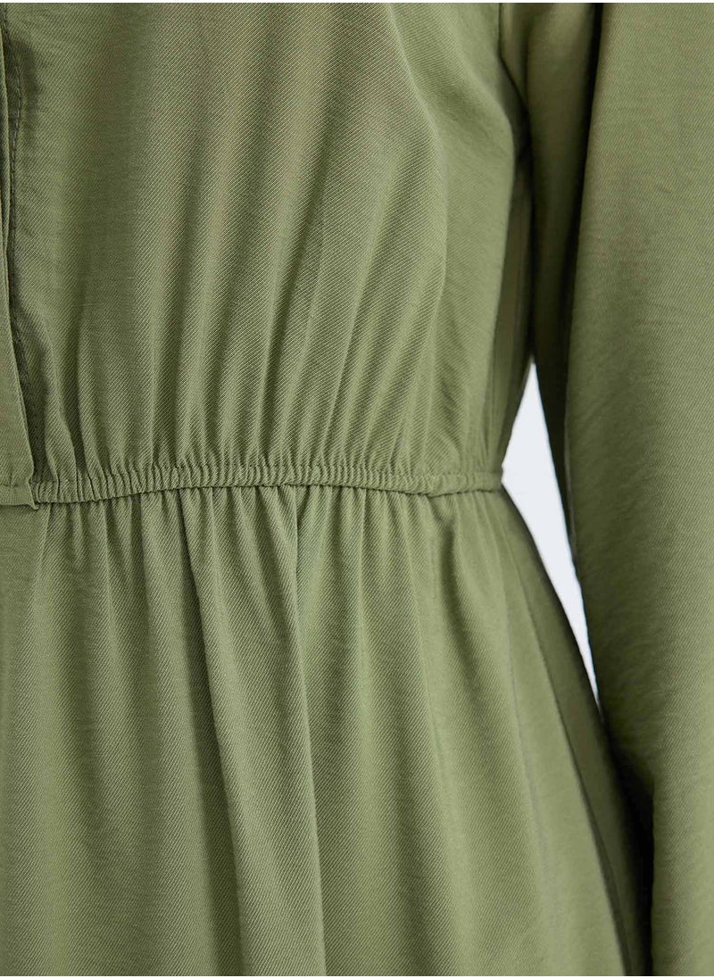 Shirt Collar Basic Buttoned Waist-Tied Maxi Dress With Long Sleeves