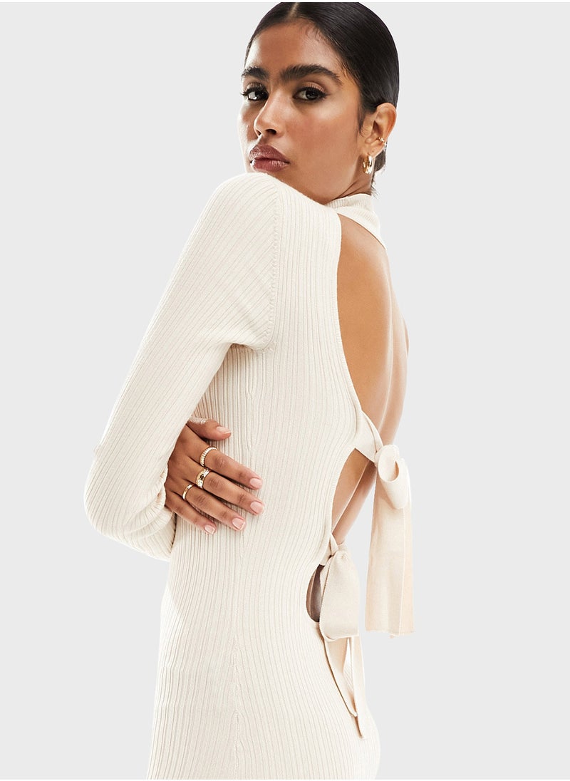 Ribbed Tie Detail Funnel Neck Dress