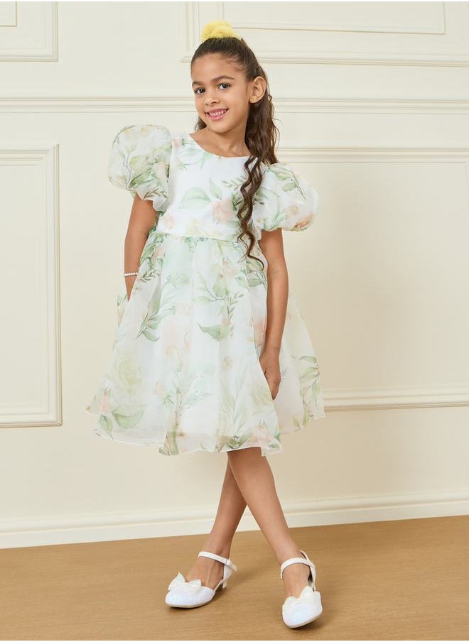 Floral Print Organza A-Line Dress