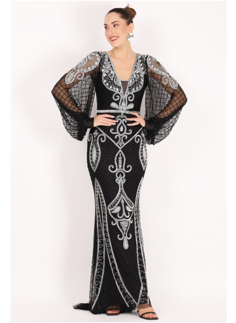Black Embellished Gown with Sheer Bell Sleeves