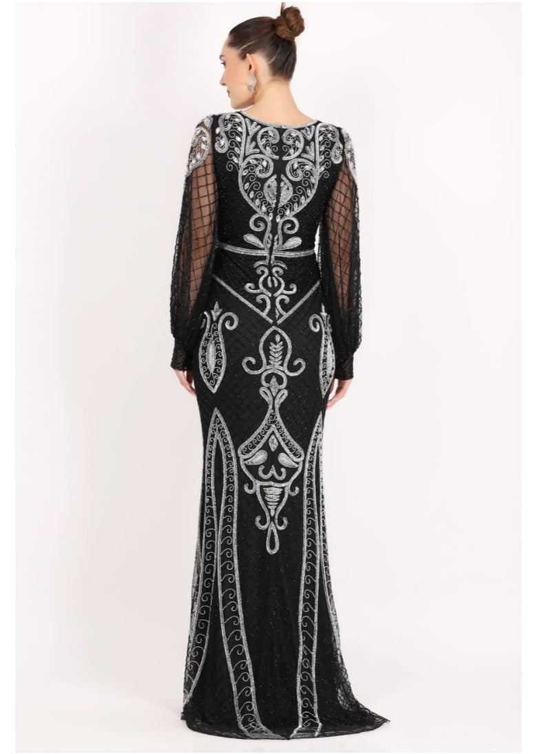 Black Embellished Gown with Sheer Bell Sleeves