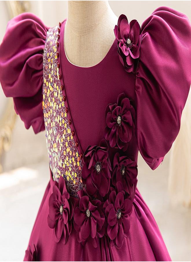 Deep Burgundy Floral Party Dress for Girls