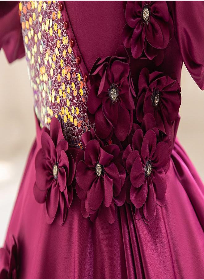 Deep Burgundy Floral Party Dress for Girls