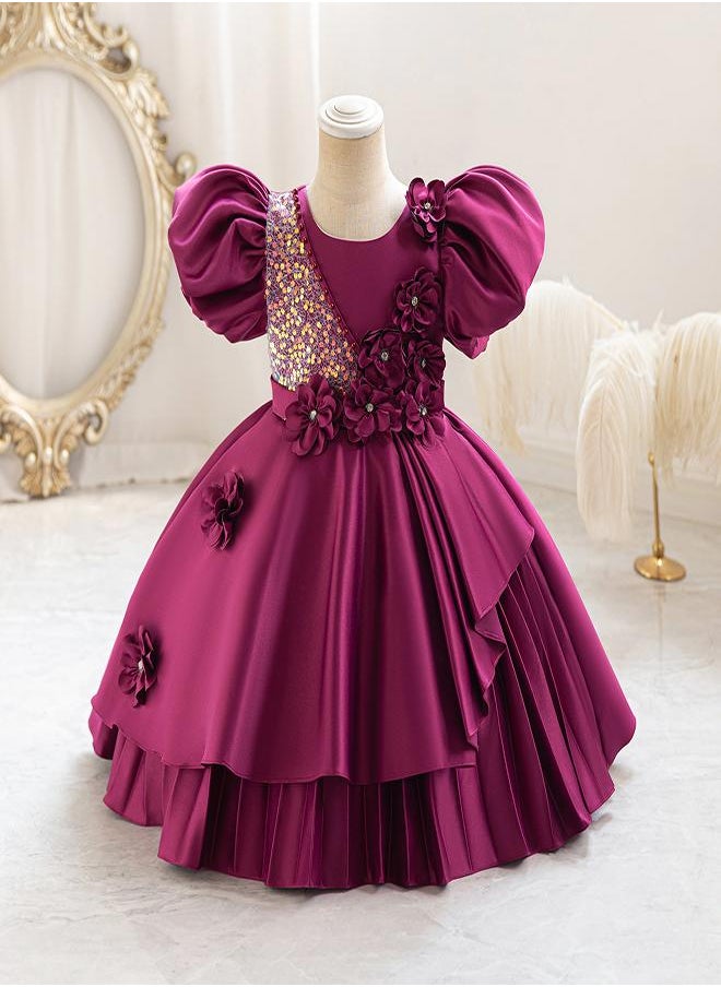 Deep Burgundy Floral Party Dress for Girls