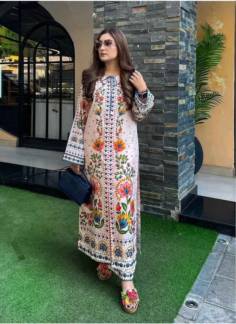 White base multicolour lawn print kurta set