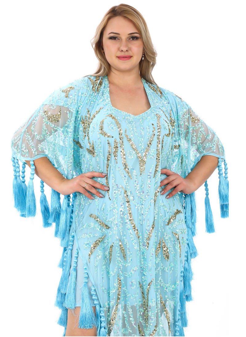 Chic Blue Tassel Kaftan with Sequined Elegance